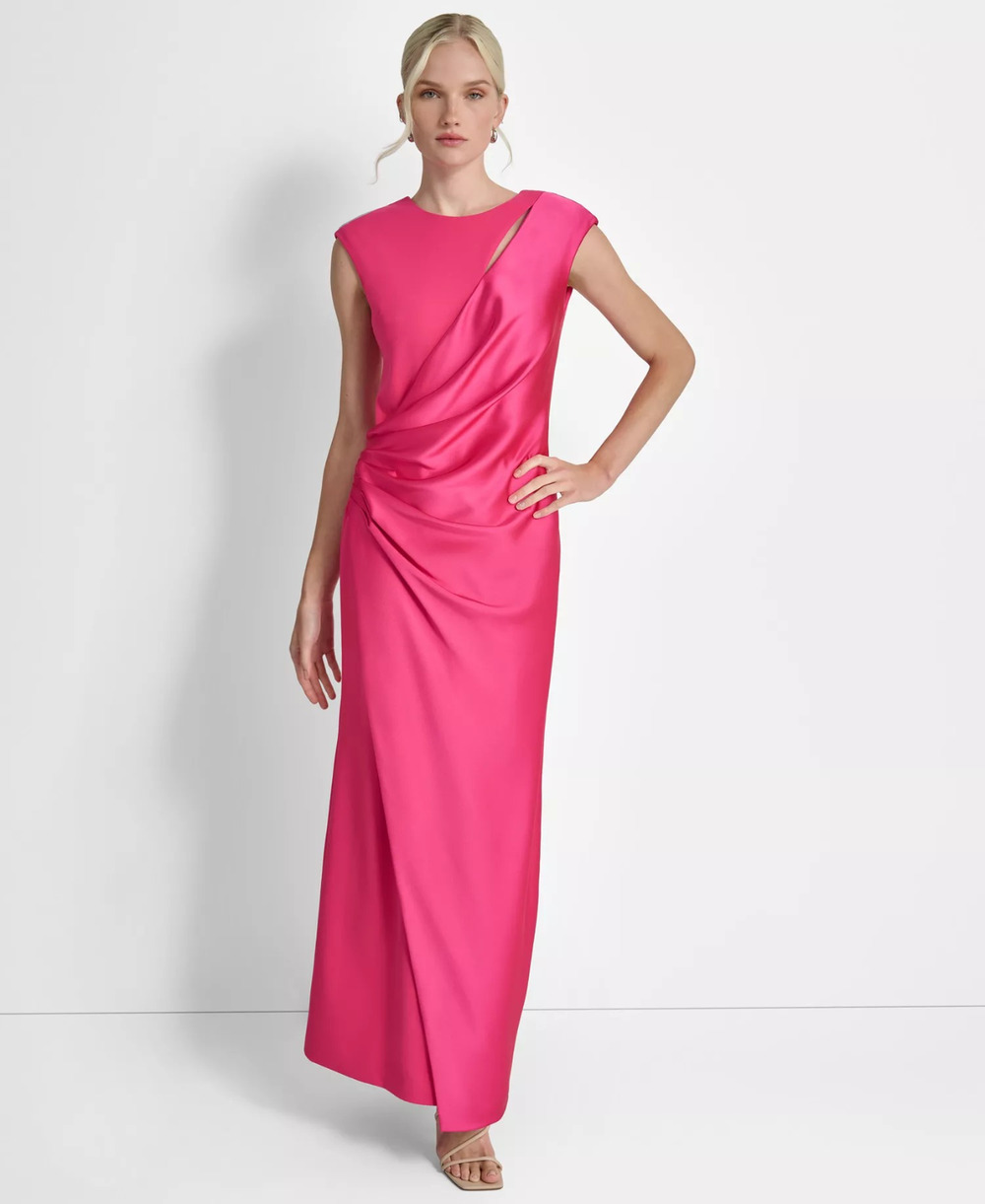DKNY Peacock Pink Side-Ruched Cut-Out Cap-Sleeve Gown Size 14, MSRP: $229